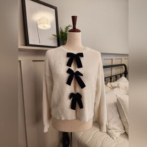 Rachel Zoe White Fuzzy Sweater with Black Bows